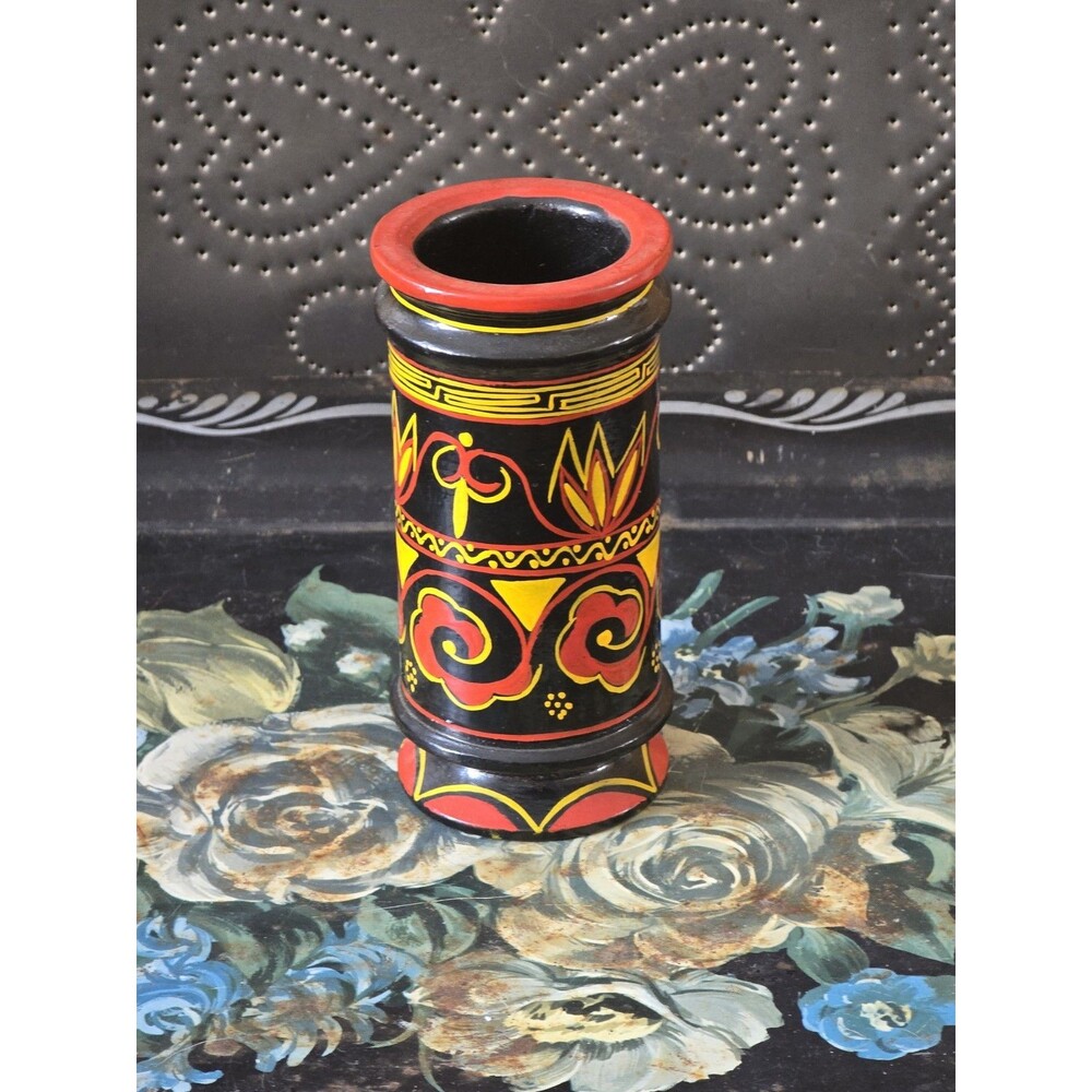 Vintage Russian Wooden Lacquer Hand Painted Vase 5 in